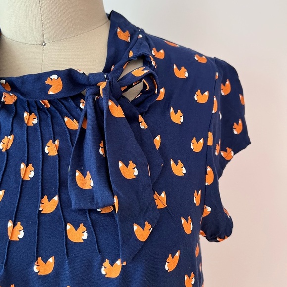 Modcloth Squirrel Blouse, Navy Blue and Orange with a Tie Neckline, Novelty - Picture 3 of 6